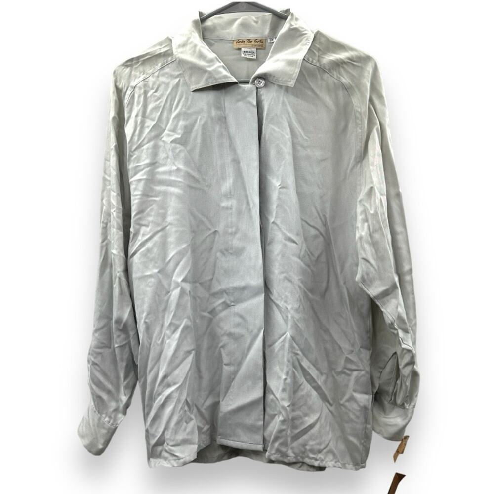 Vintage Carson Pirie Scott 100% Silk Light‎ Gray Long Sleeve Button Down Top 10